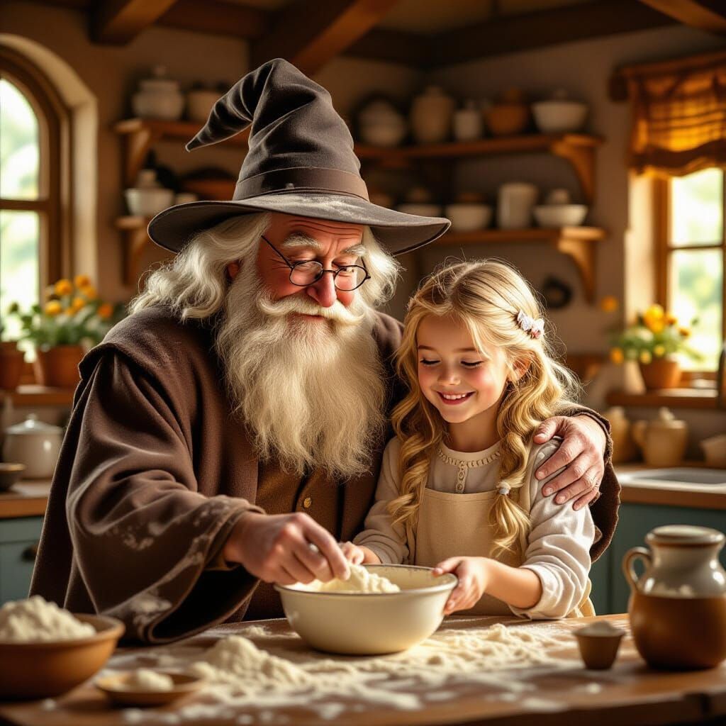 Wizard Baking with Granddaughter in Cozy Kitchen