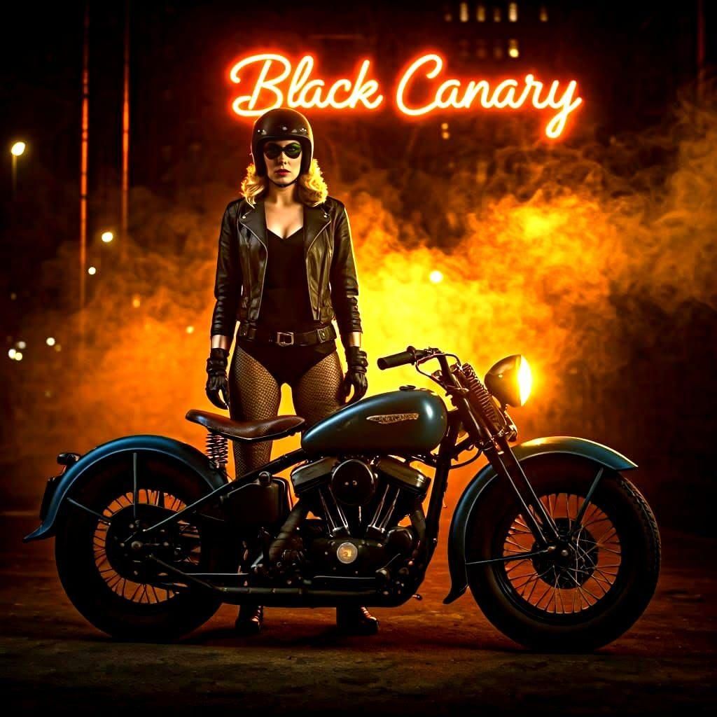 Black Canary Superheroine on Motorcycle, 1940s Film Still