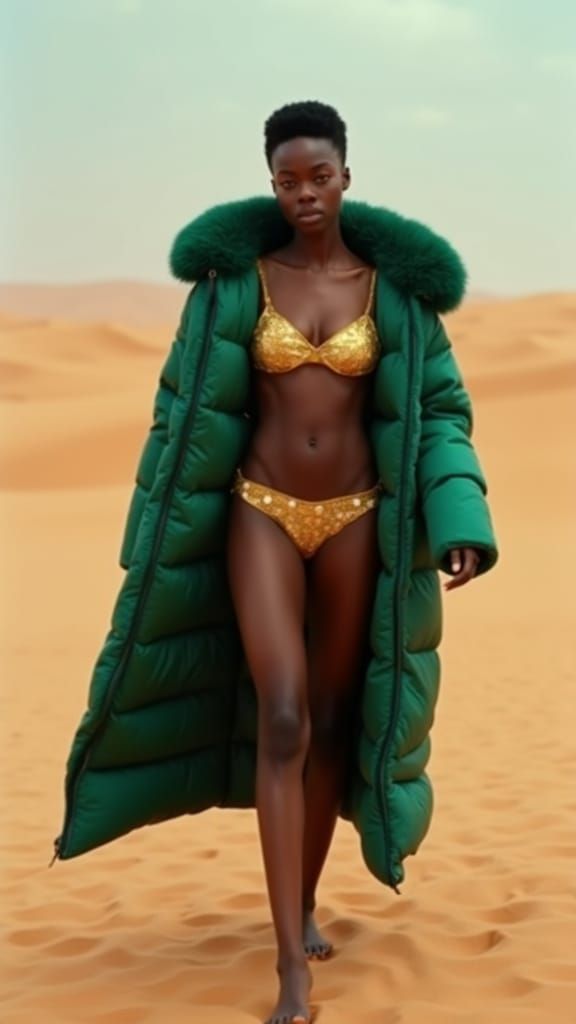 Bold Black Model in Emerald Coat Sahara Desert