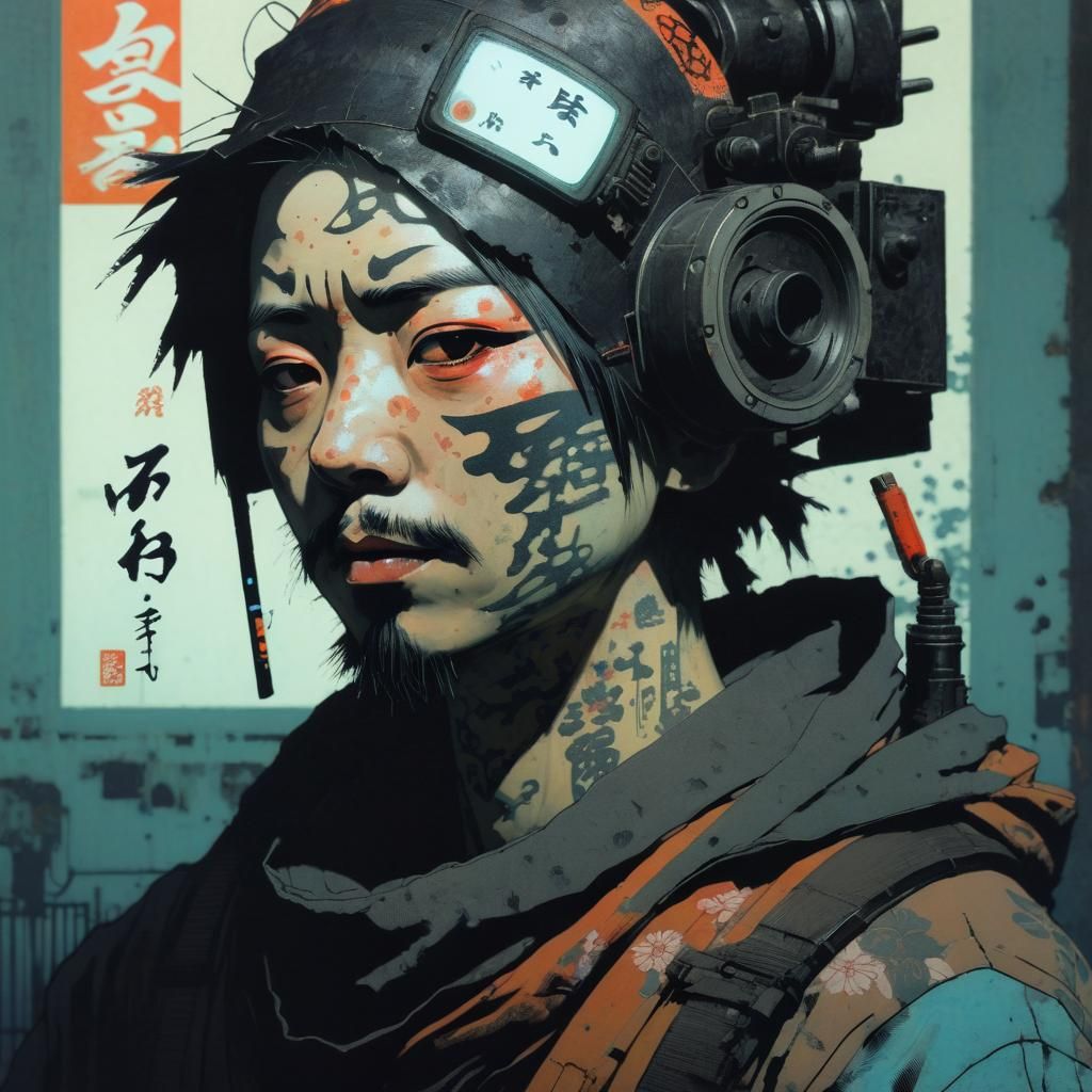 Biopunk Rioter Portrait in Ukiyo-e Style