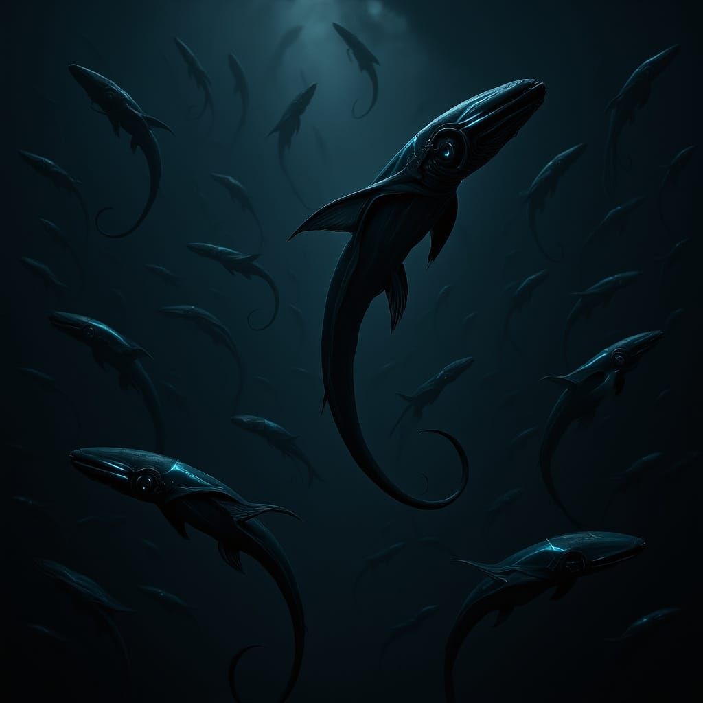 Flying Electric Eels in Dramatic Futuristic Scene