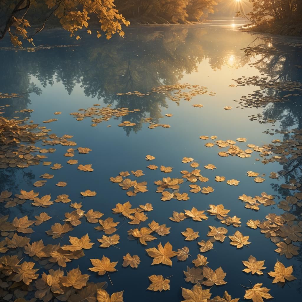 Golden Leaves Dance on Sapphire Lake: Surreal Matte Painting