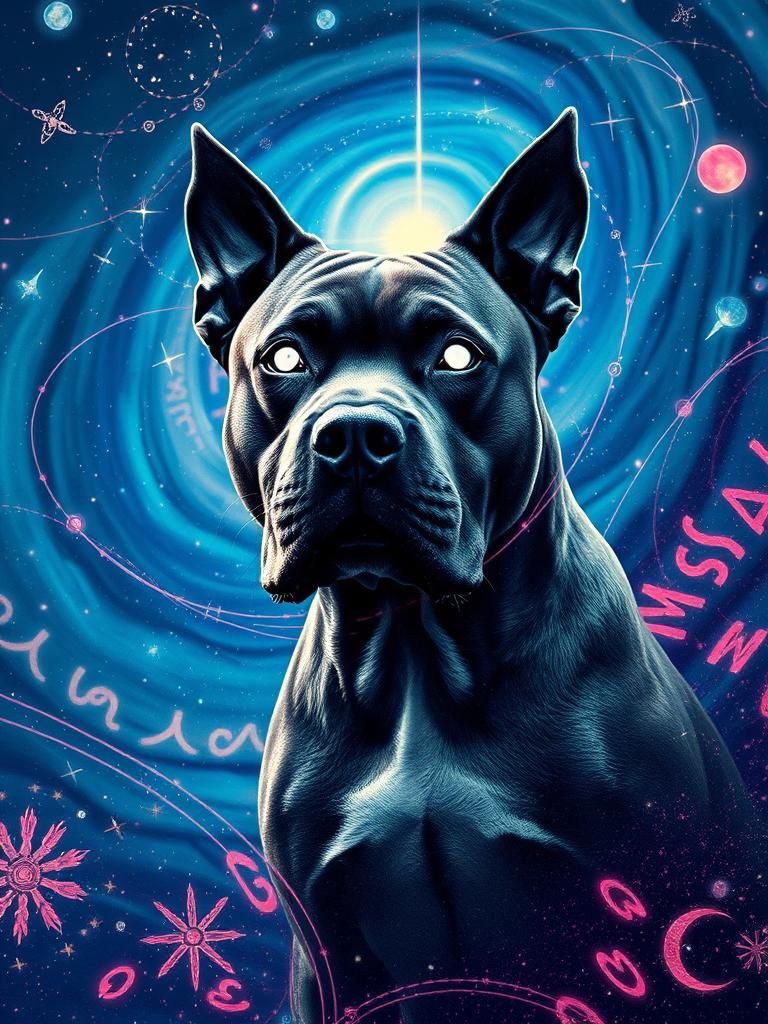 Pitbull Silhouette in Galaxy Sky with Magic Runes