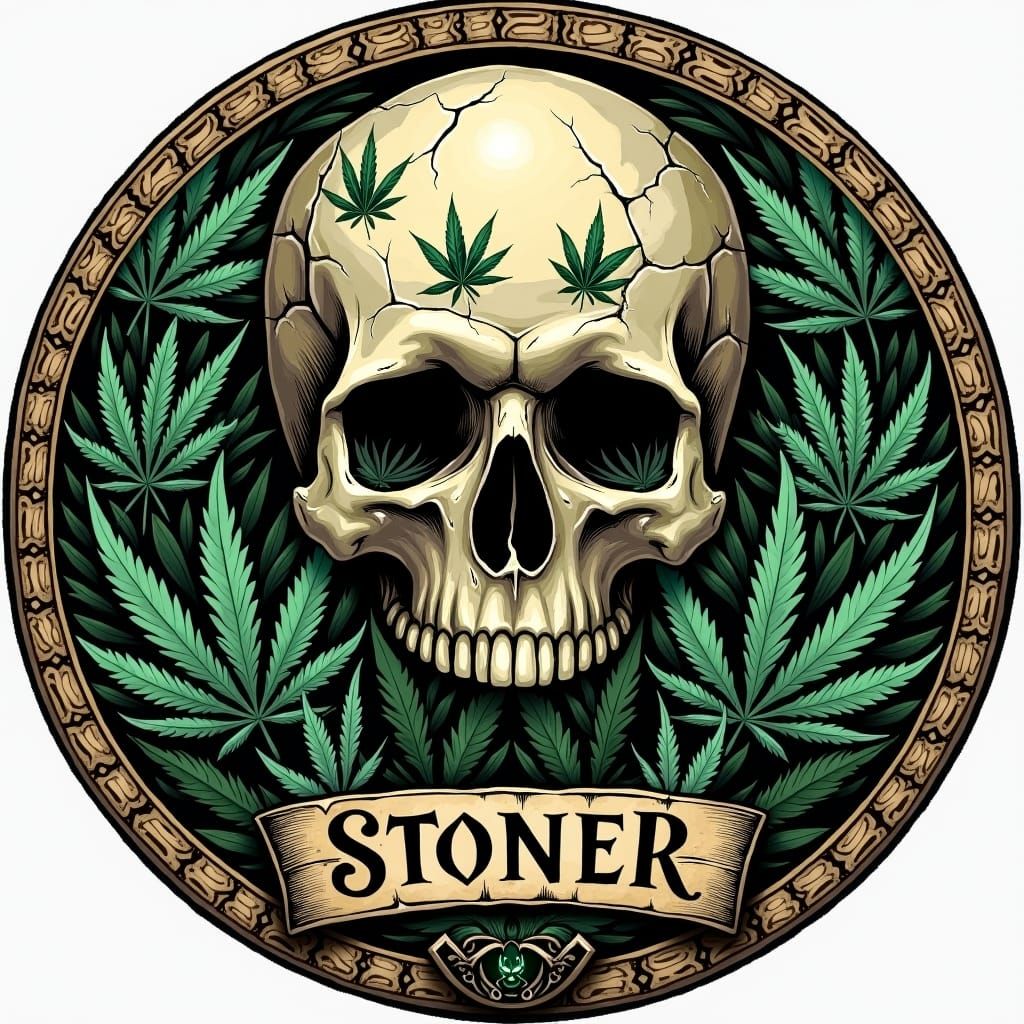 Mystical Skull Graphic with Cannabis Leaf Carvings