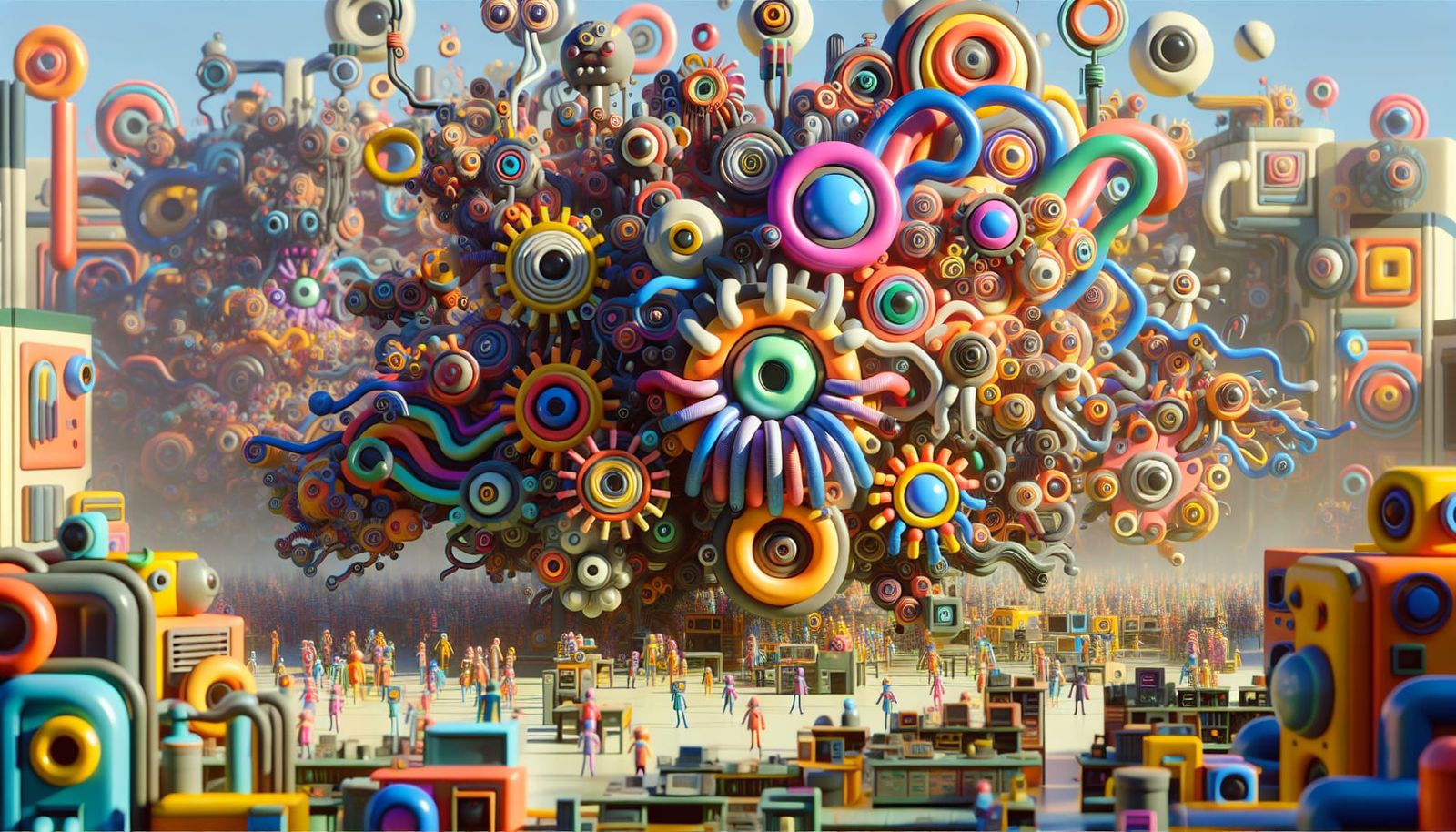 A whimsical and surreal 3D artwork showcasing a huge crowd of super cute 'wackadoodle megafrinchen' absurd totally ridic...