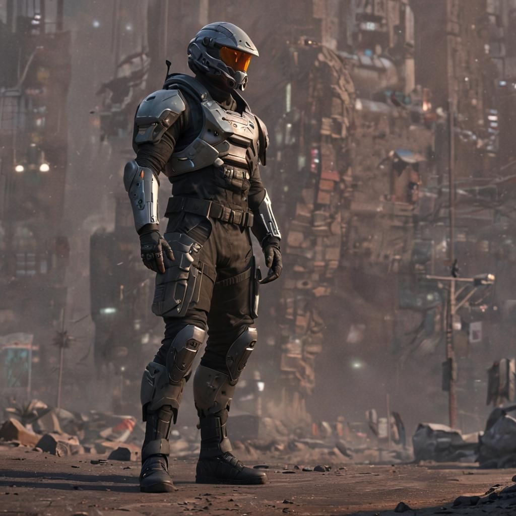 Futuristic Rebel Soldier in Cyberpunk Cityscape
