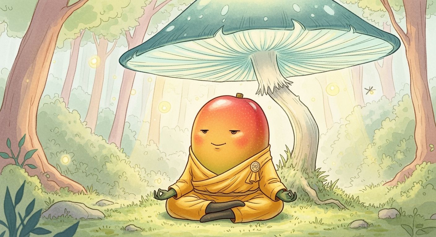 Meditating Mango Monk in Enchanted Forest