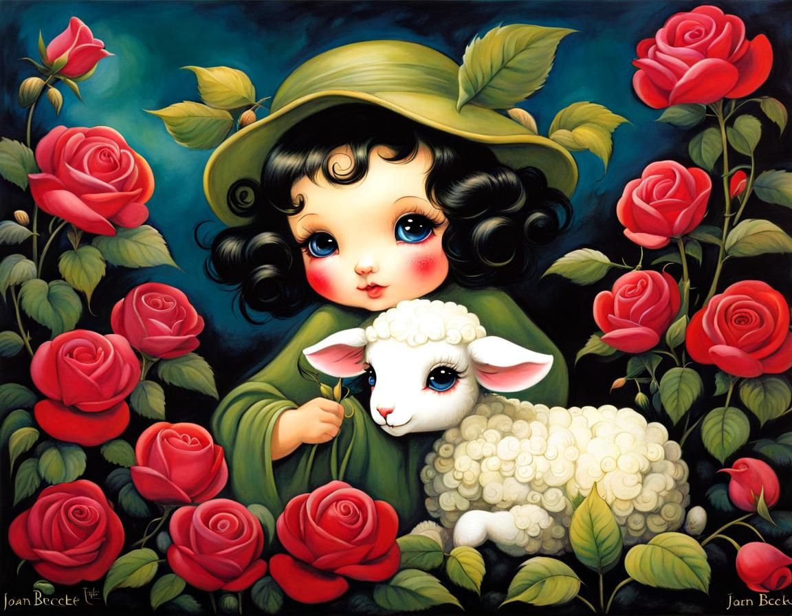 Lamb in Fairytale Garden: Surrealist Illustration