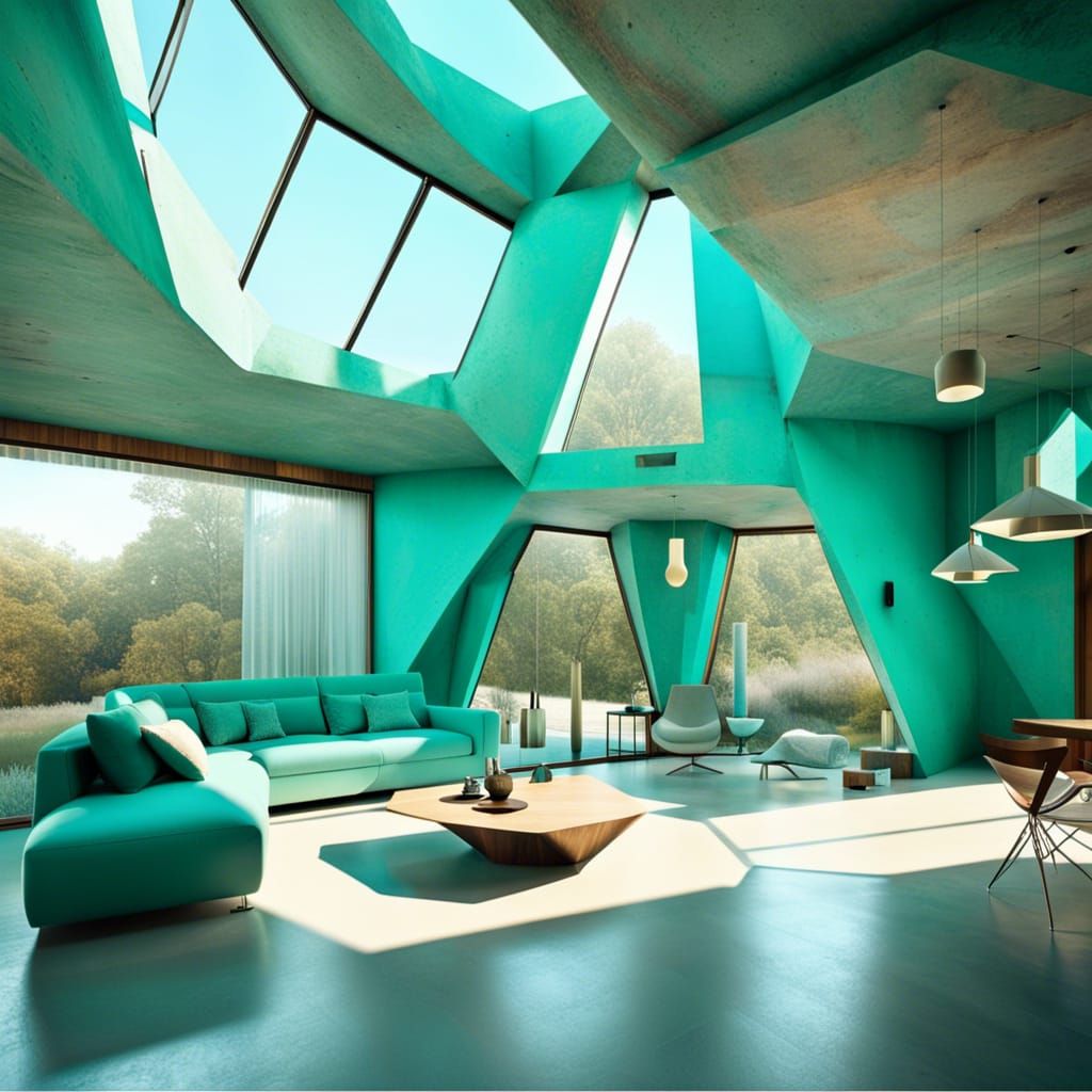 Futuristic Turquoise Brutalist House with Panoramic Windows
