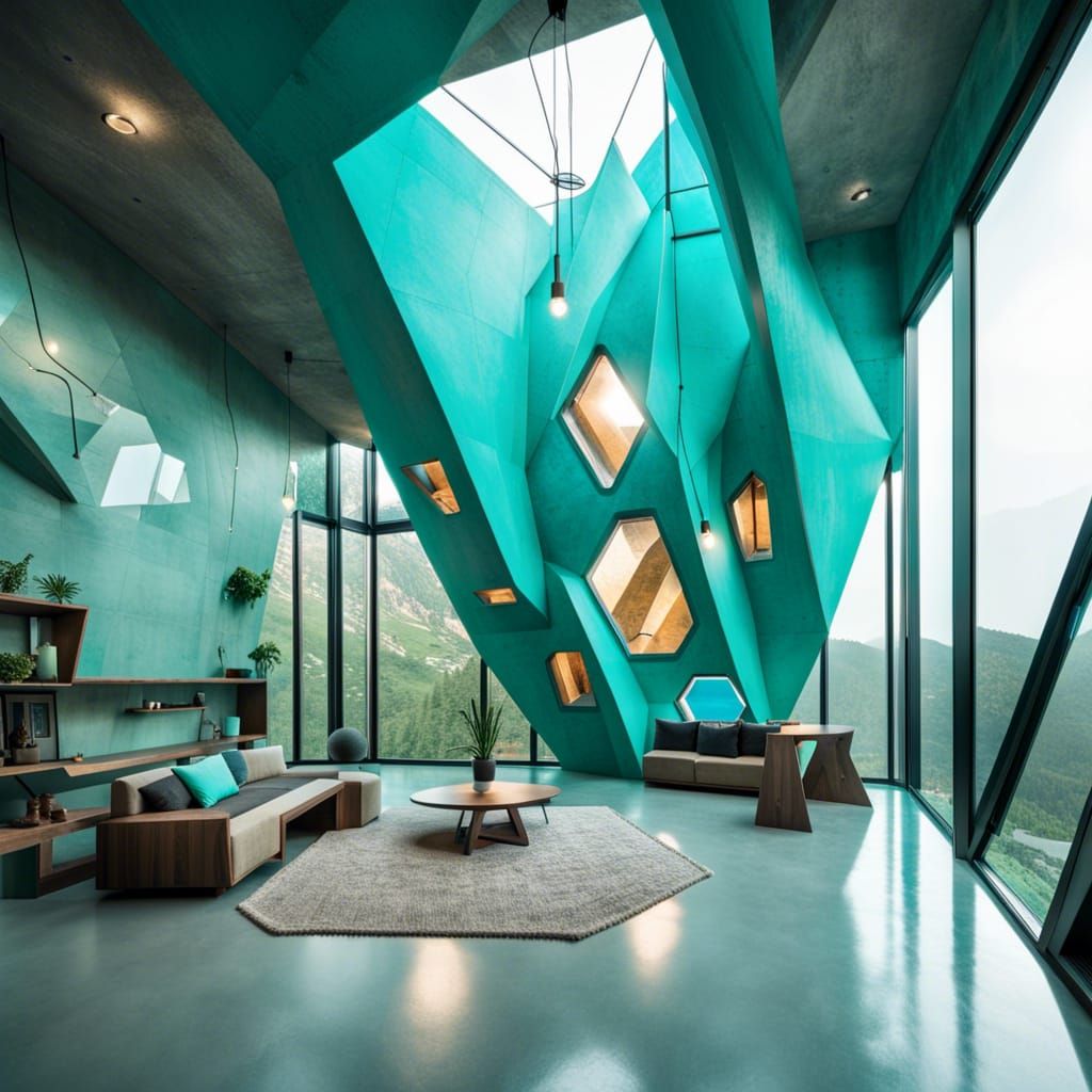 Futuristic Turquoise Brutalist House with Panoramic Windows