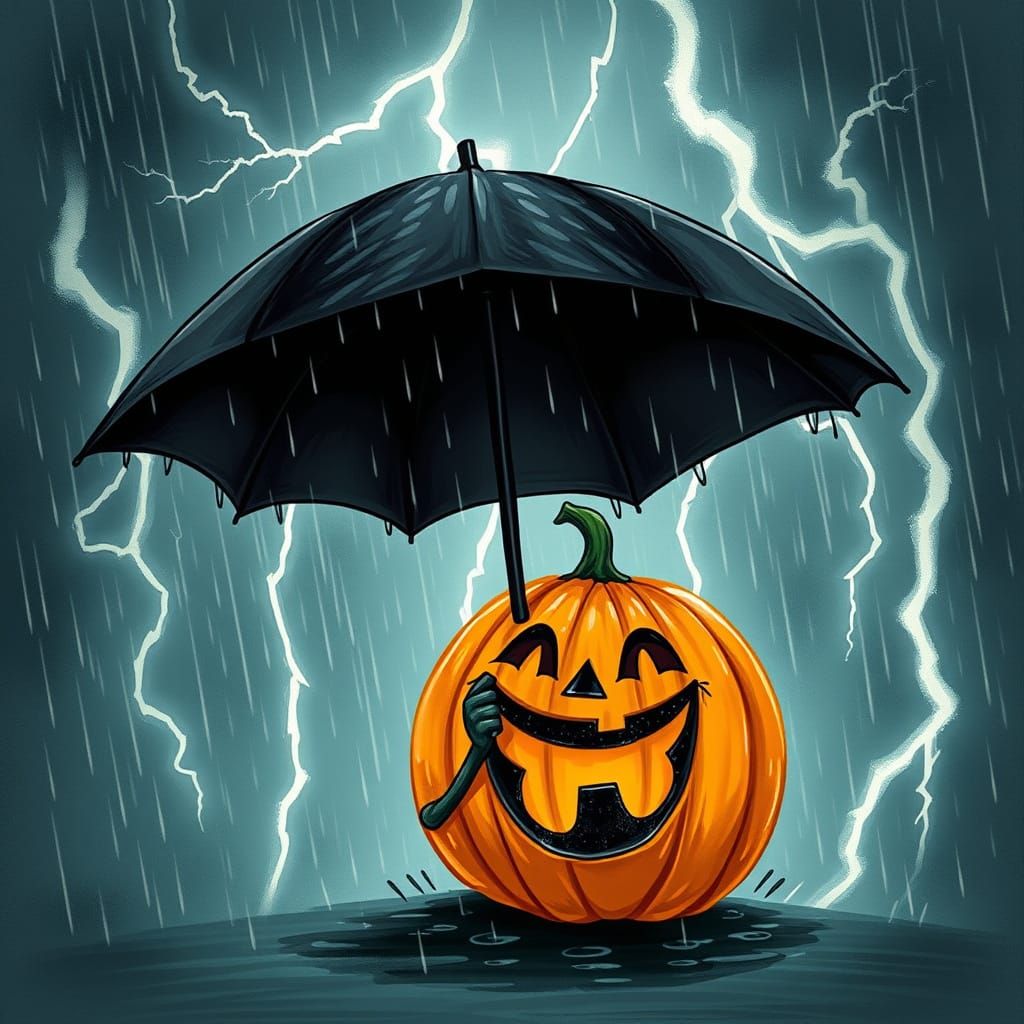 Smiling Pumpkin with Umbrella in Thunderstorm Illustration