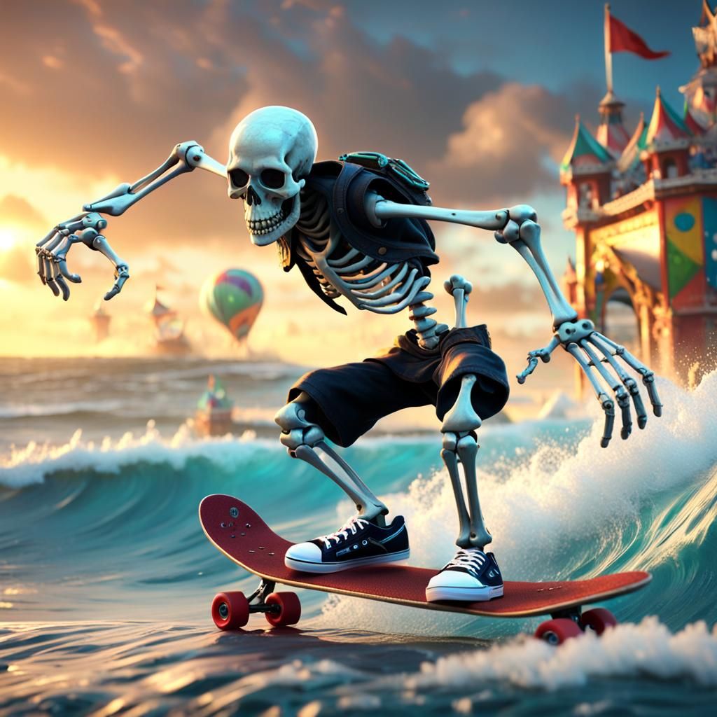 Punk Rock Skeleton Surfing a Wave