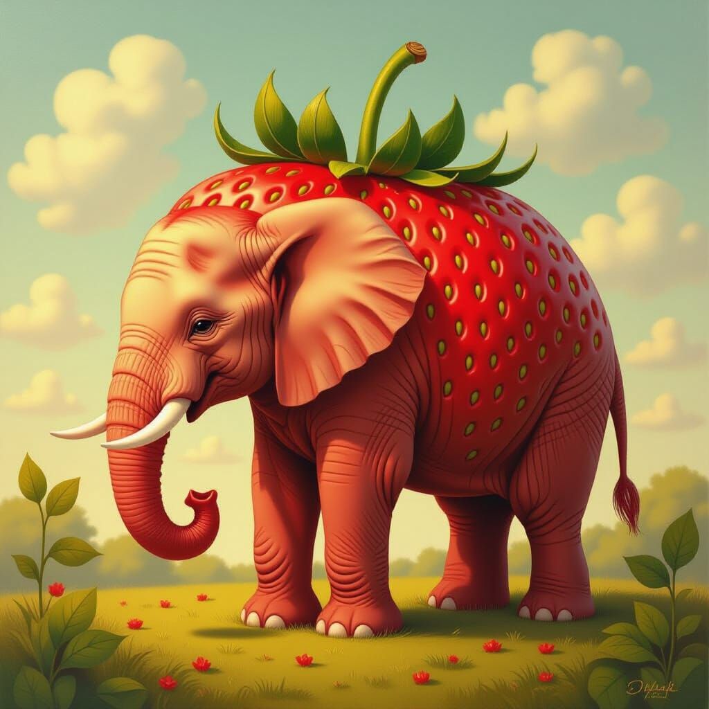 Surreal Elephant Strawberry Fusion in Dappled Light