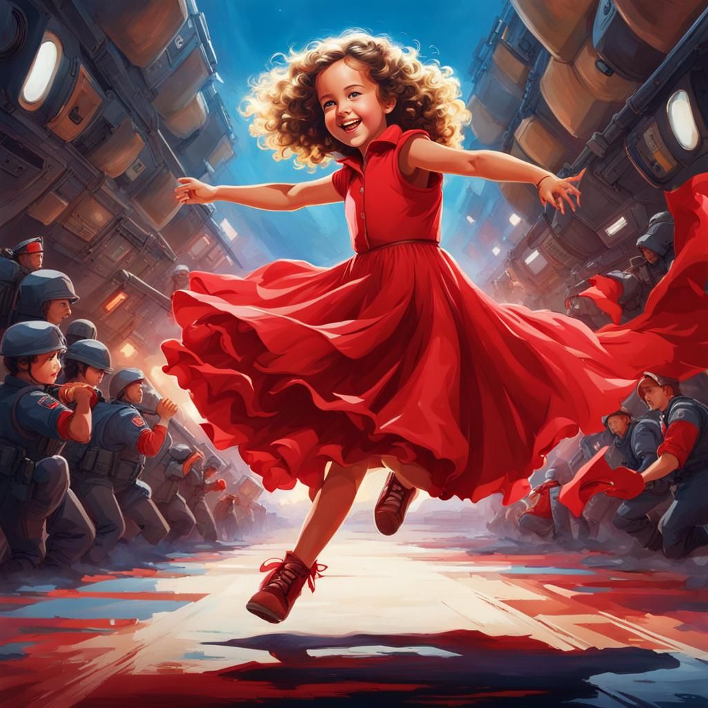Girl in Red Dress Dances in Sci-Fi Airbase