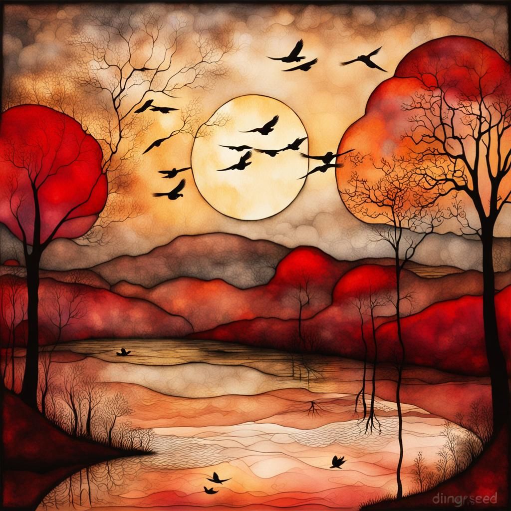 Fantasy Riverscape at Sunset in Watercolor Style