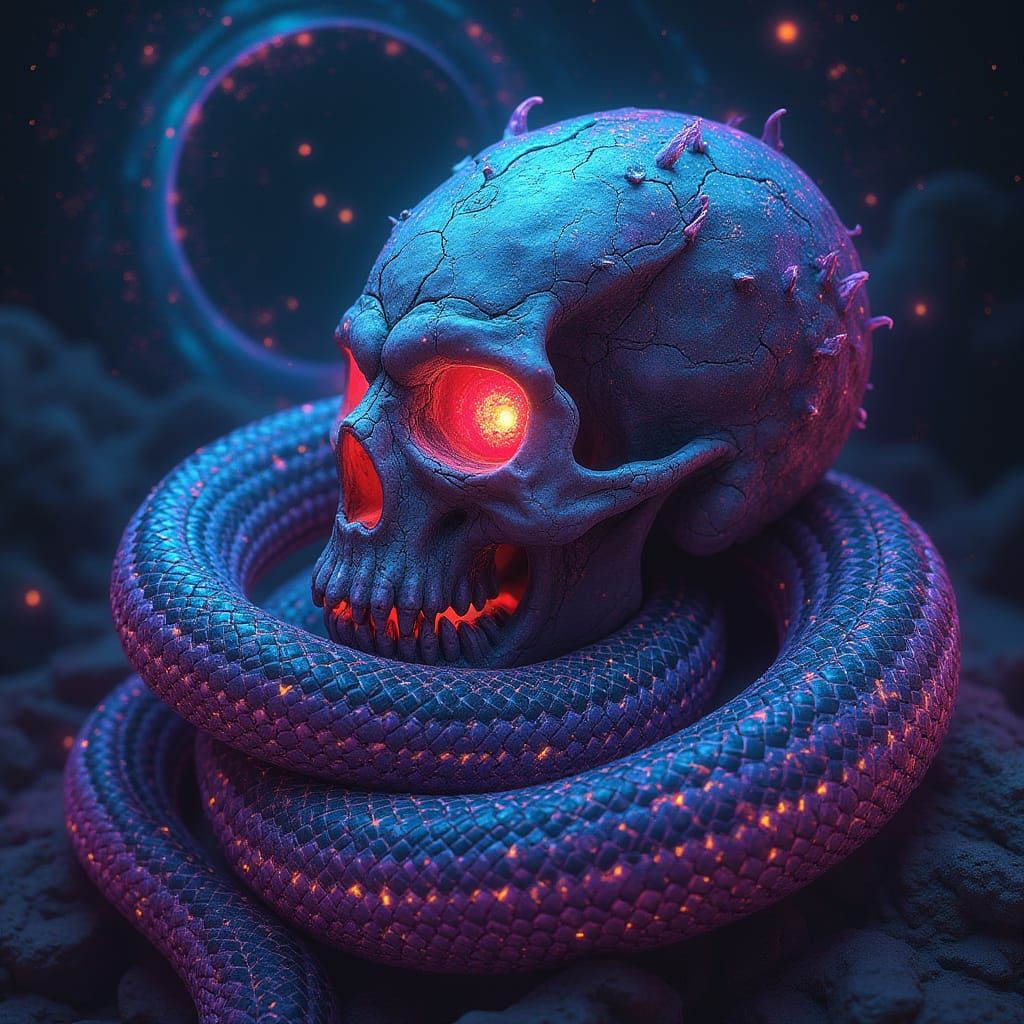 Bioluminescent Cobra Coiled Around Ancient Skull