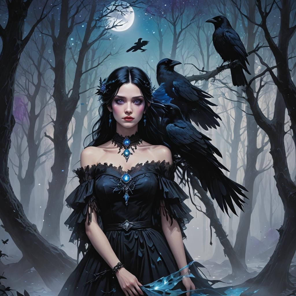 Mystical Girl with Raven in Gothic Forest