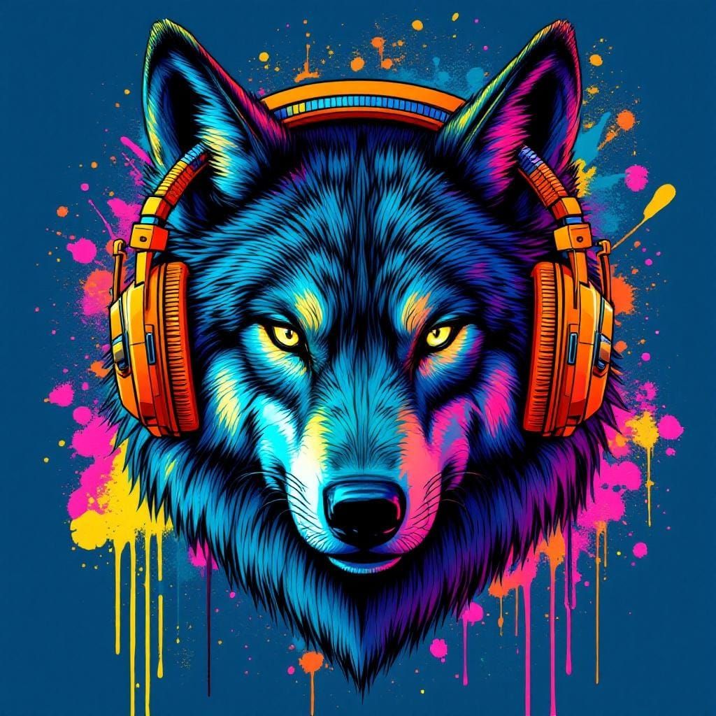 Urban Wolf with Headphones in Digital Street-Art Style