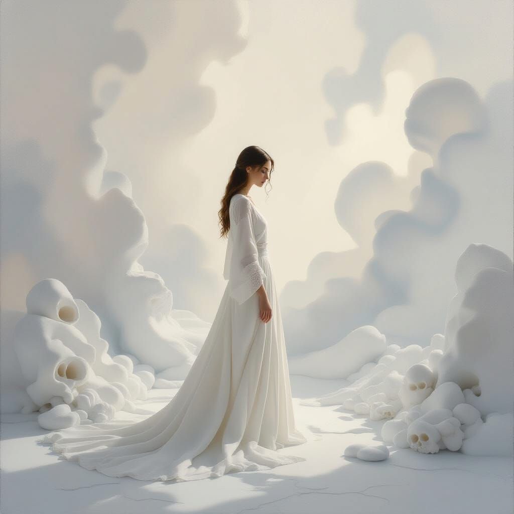 Ethereal Woman in Dreamlike White Landscape