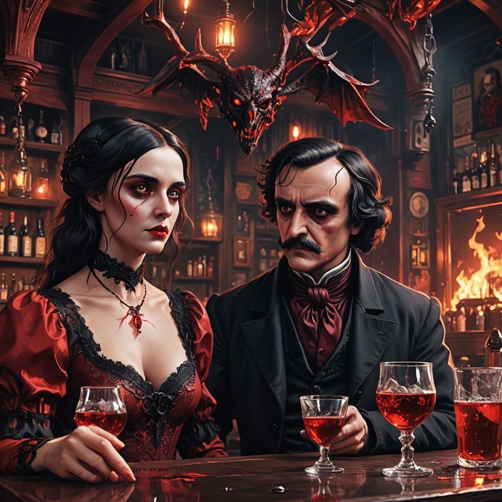Satanic sad emo Edgar Allan Poe drinking with beautiful crossed-eye girl