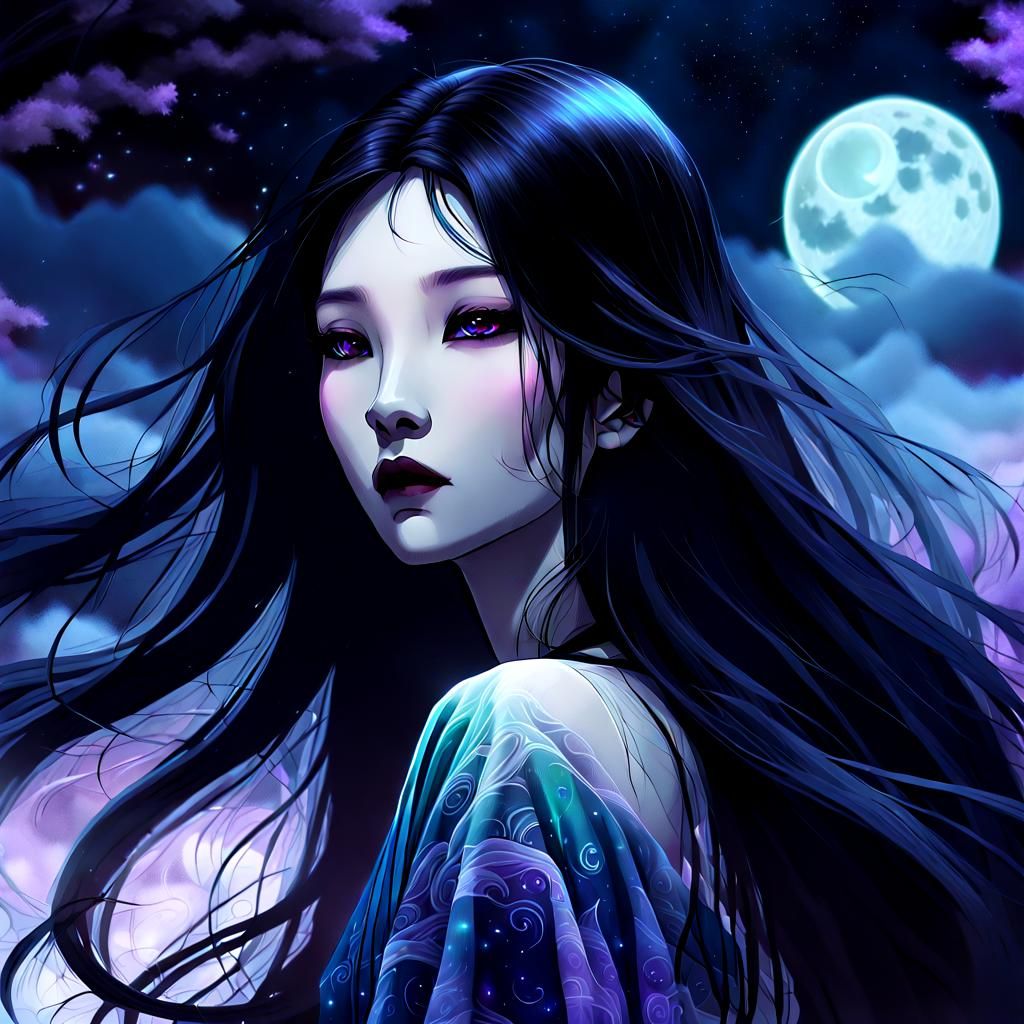 Asian Vampire Head Soaring in Ethereal Digital Art