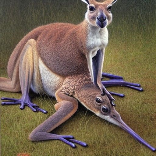 Kangaroo Riding a Frog, Oil Painting