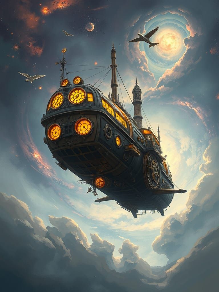 Steampunk Airship Soaring Through Nebula