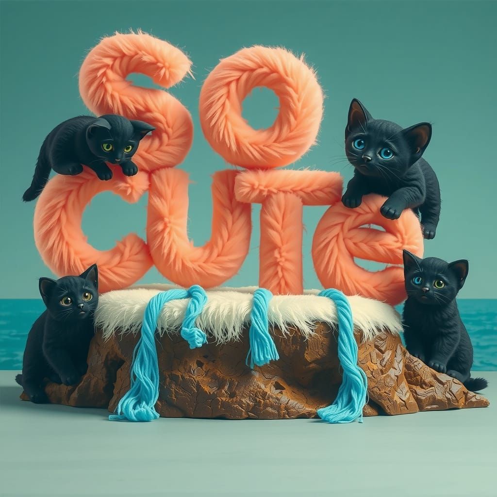 Fuzzy Yarn Sculpture of Kittens Playing