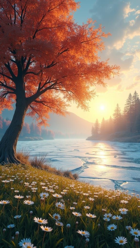 Autumnal Tree Over Frozen Lake: Fantasy Concept Art