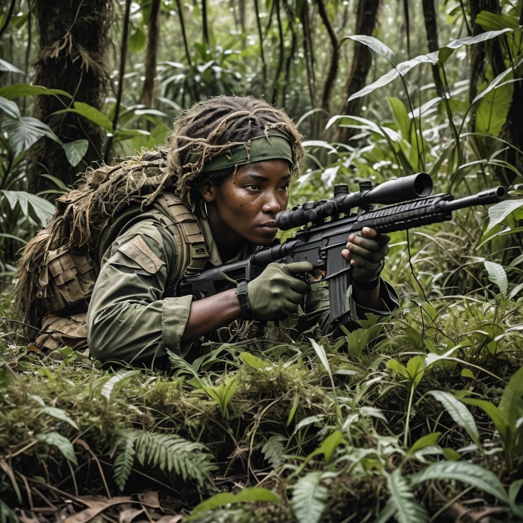 African Sniper in Ghillie Suit Aims in Jungle