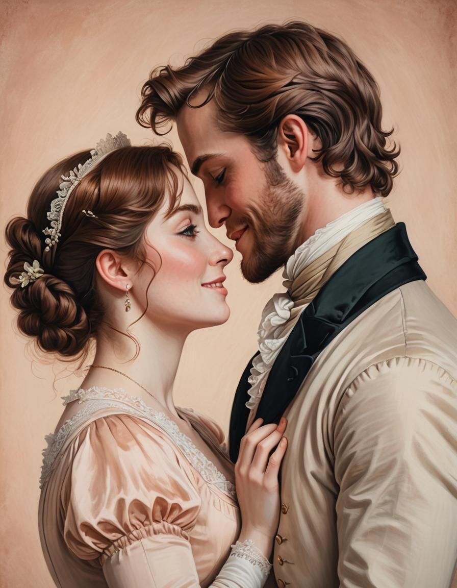 Regency Woman Kissing a Man in Joyful Portrait