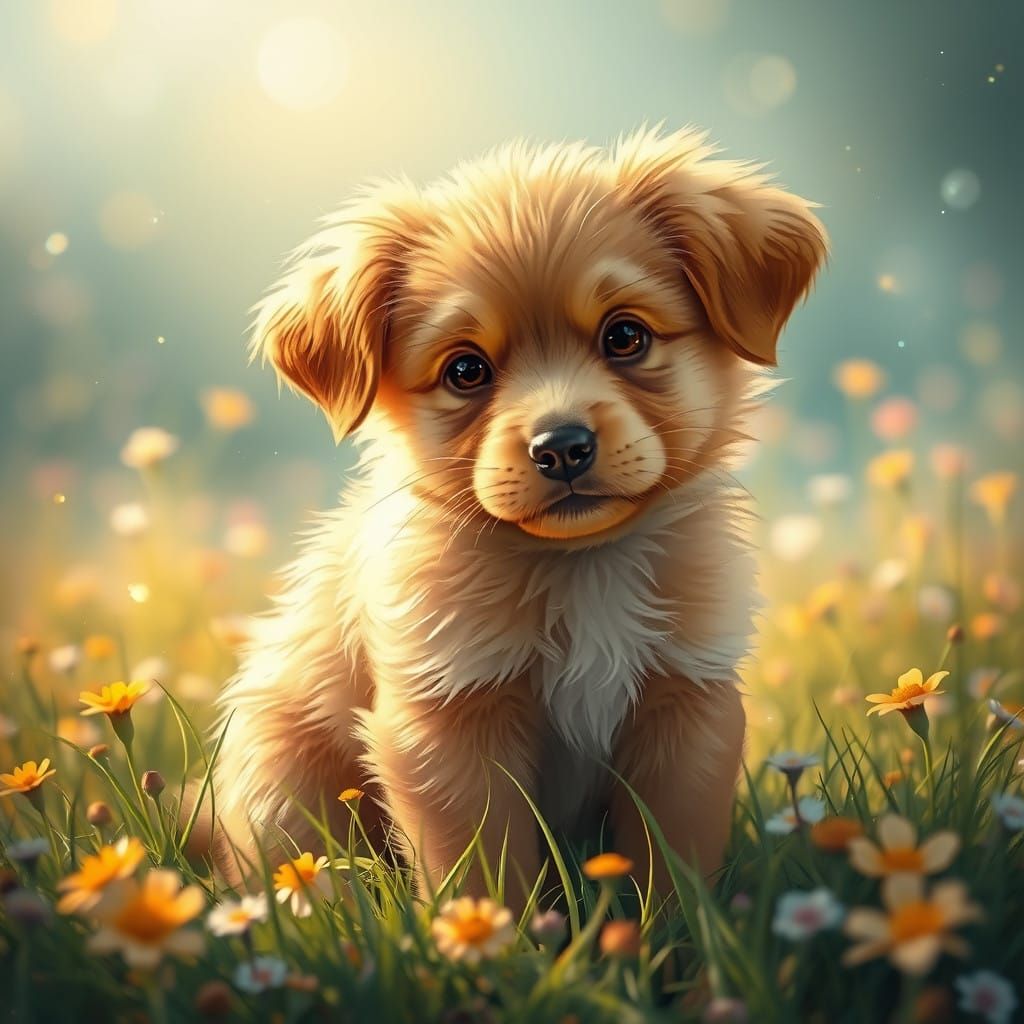 Whimsical Golden Puppy in Vibrant Meadow