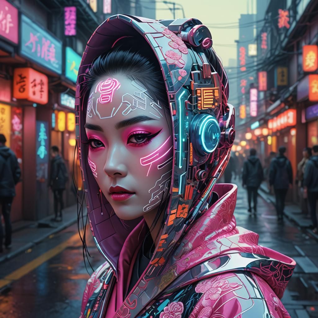 Neon Cyberpunk Geisha in Futuristic Cityscape