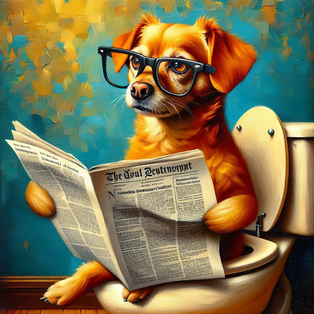 Dog Reading Newspaper on Toilet as Oil Painting