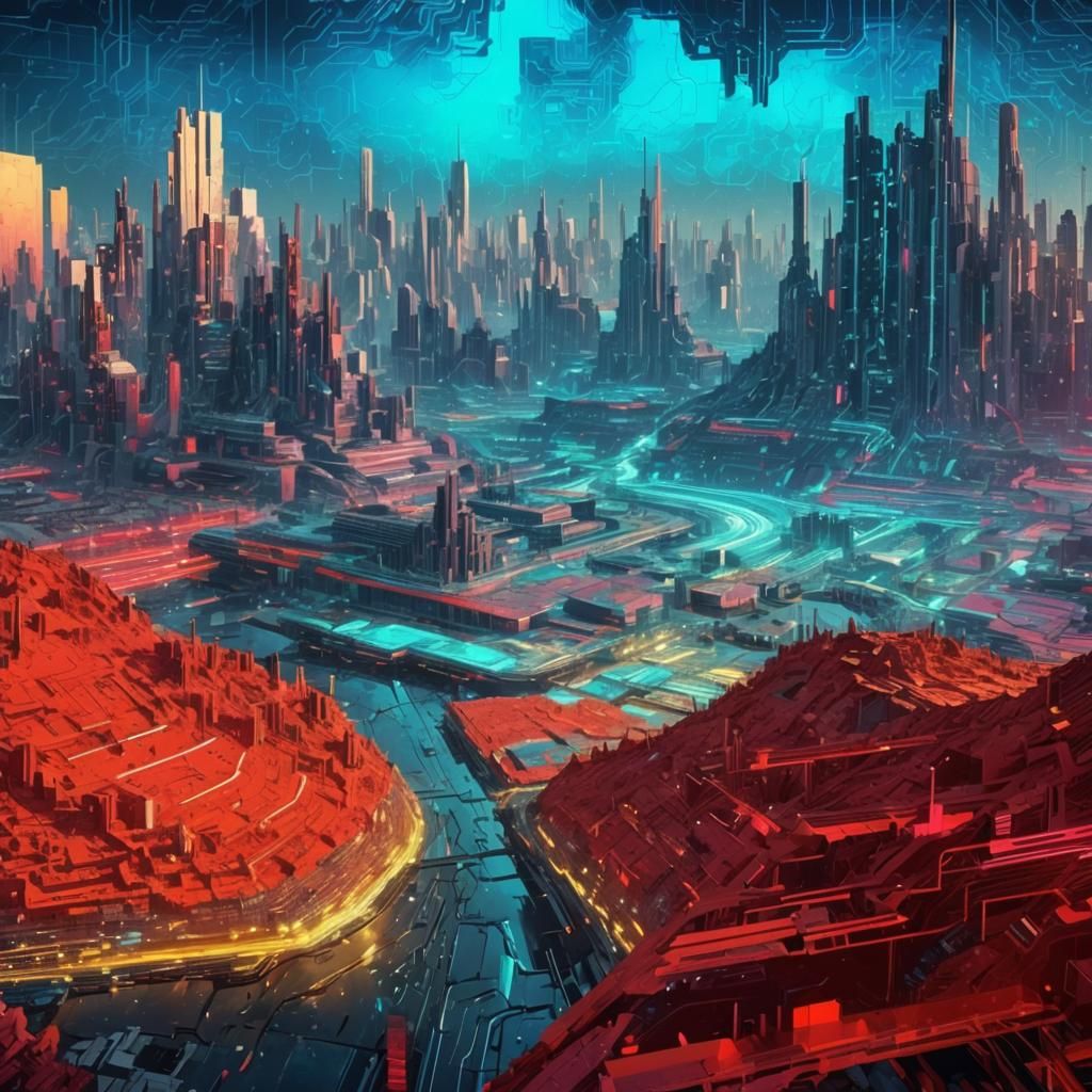 Glitched Neofuturistic Cityscape with Cosmic Horror Elements