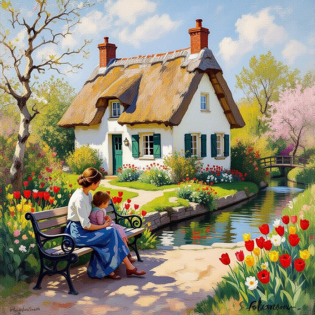 Impressionistic Cottage Scene with Mother and Child