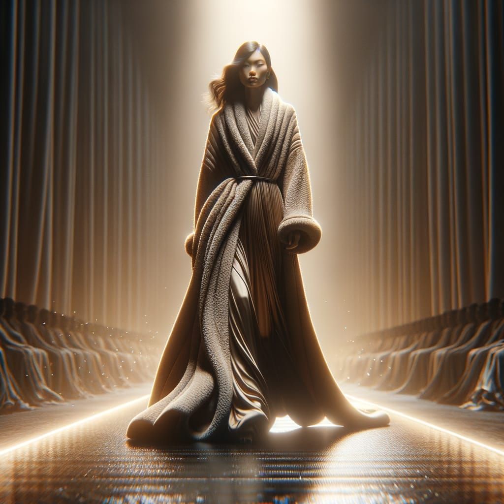 High Fashion Winter Runway Model in Golden Light