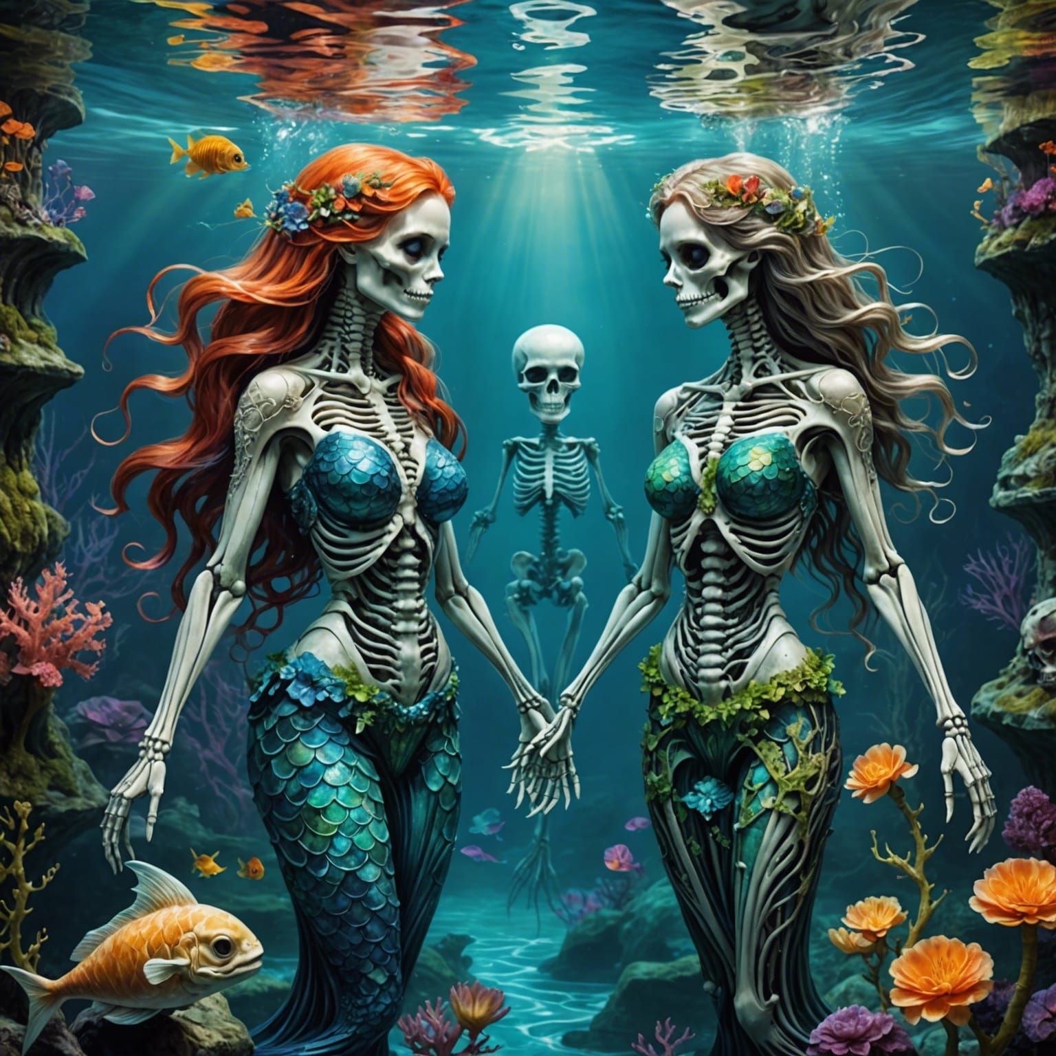 Mermaids and Skeleton: A 3D Manga Double Exposure