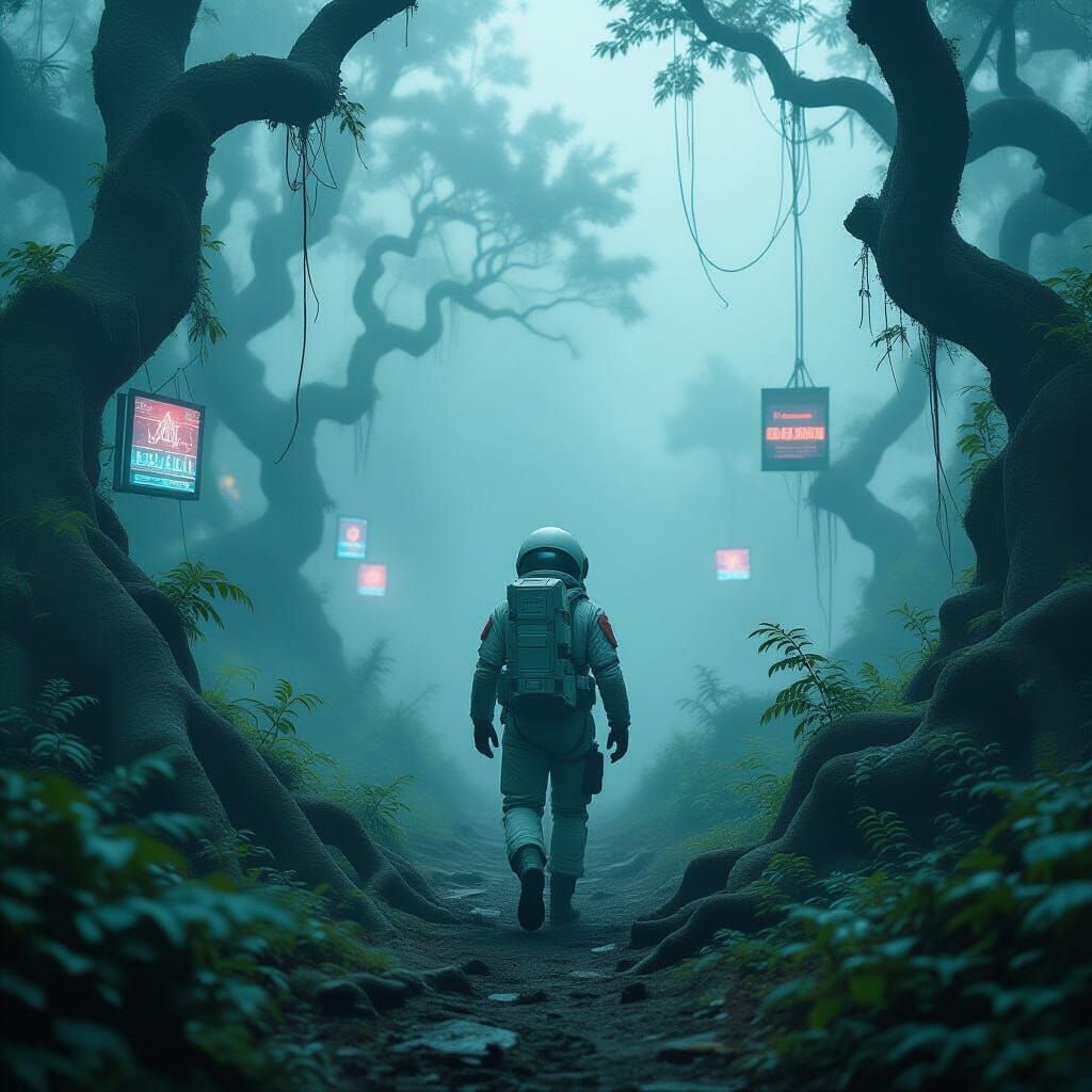 Astronaut in Foggy Forest, Retro-Futuristic Cinematic Style