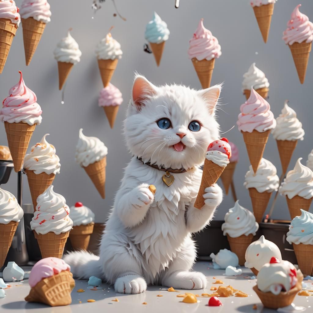 Fluffy Kitten Enjoys Ice Cream: 3D Anime Art