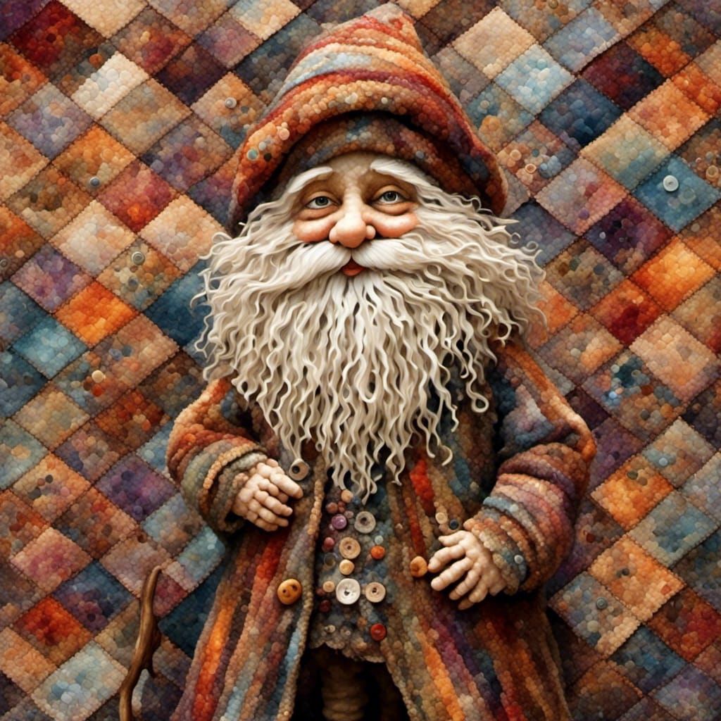 Quilted Gnome with Tall Hat in Illustrative Style