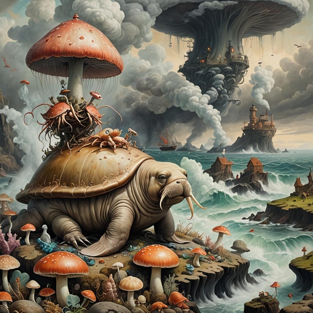 Whimsical Walrus and Crab in Boiling Bay, Rococo Style