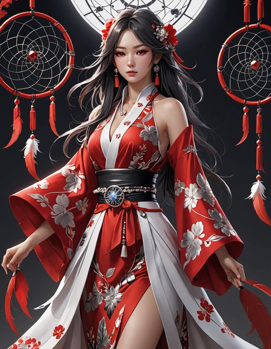 Dreamcatcher in Red Kimono: 3D Anime Art