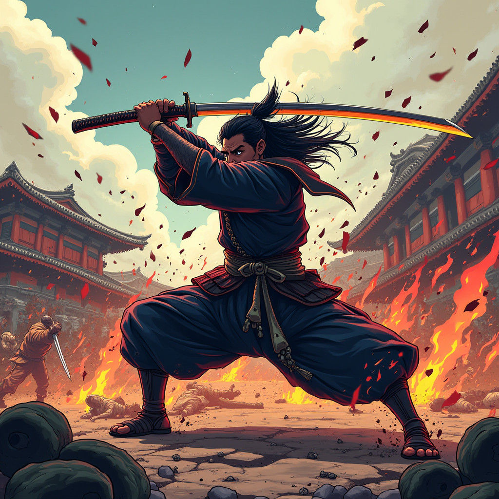 Samurai Warrior Unleashing Katana in Manga Style
