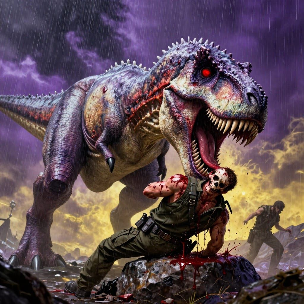 Indominus-Rex Devours Soldier Under Stormy Sky