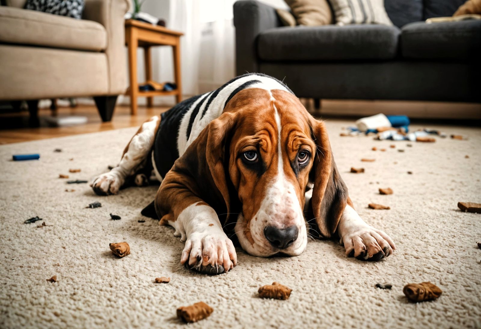 Sad Basset Hound Puppy in Messy Room