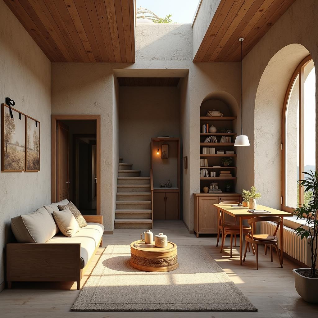 Cozy Two-Story Apartment with Stone Walls and Wooden Accents