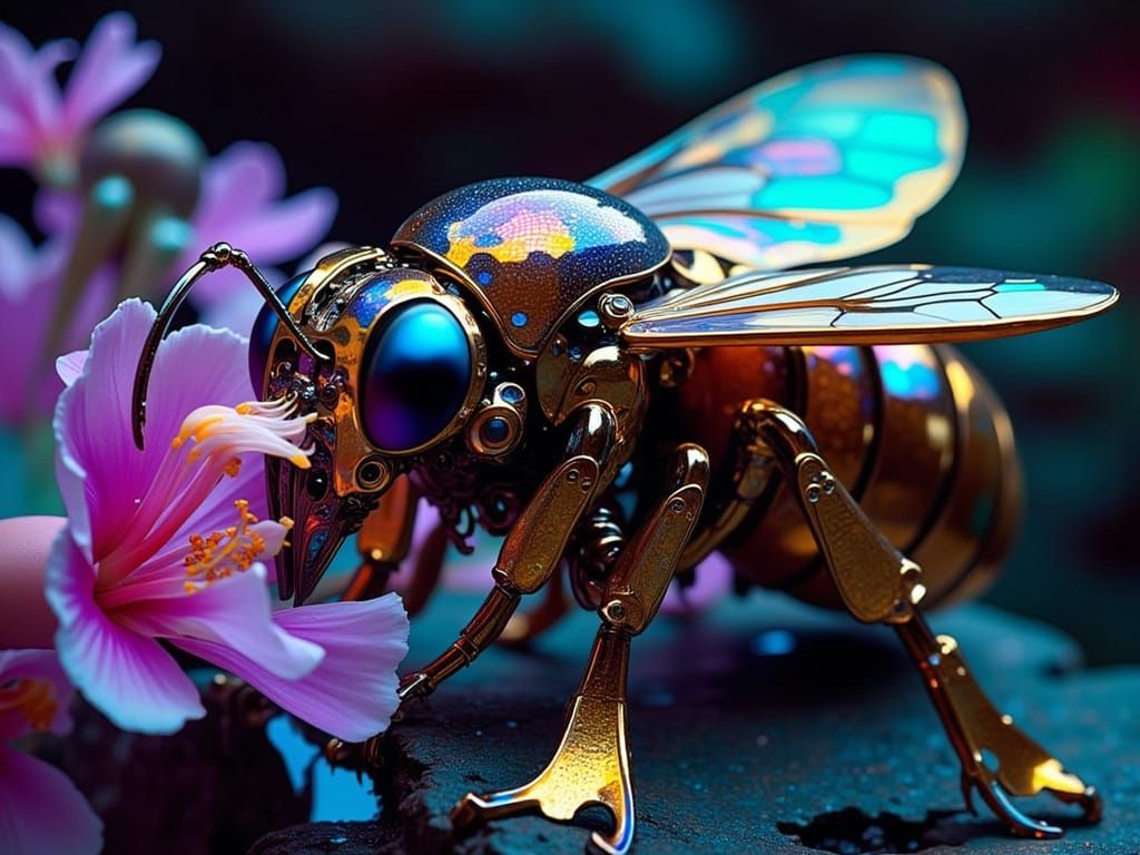 Biomechanical Bee in Art Nouveau Style with Stained Glass Fl...