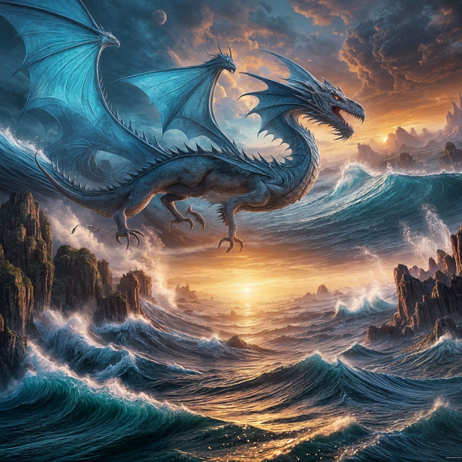 Dragon Soaring Over Sunrise Sea: Detailed Matte Painting