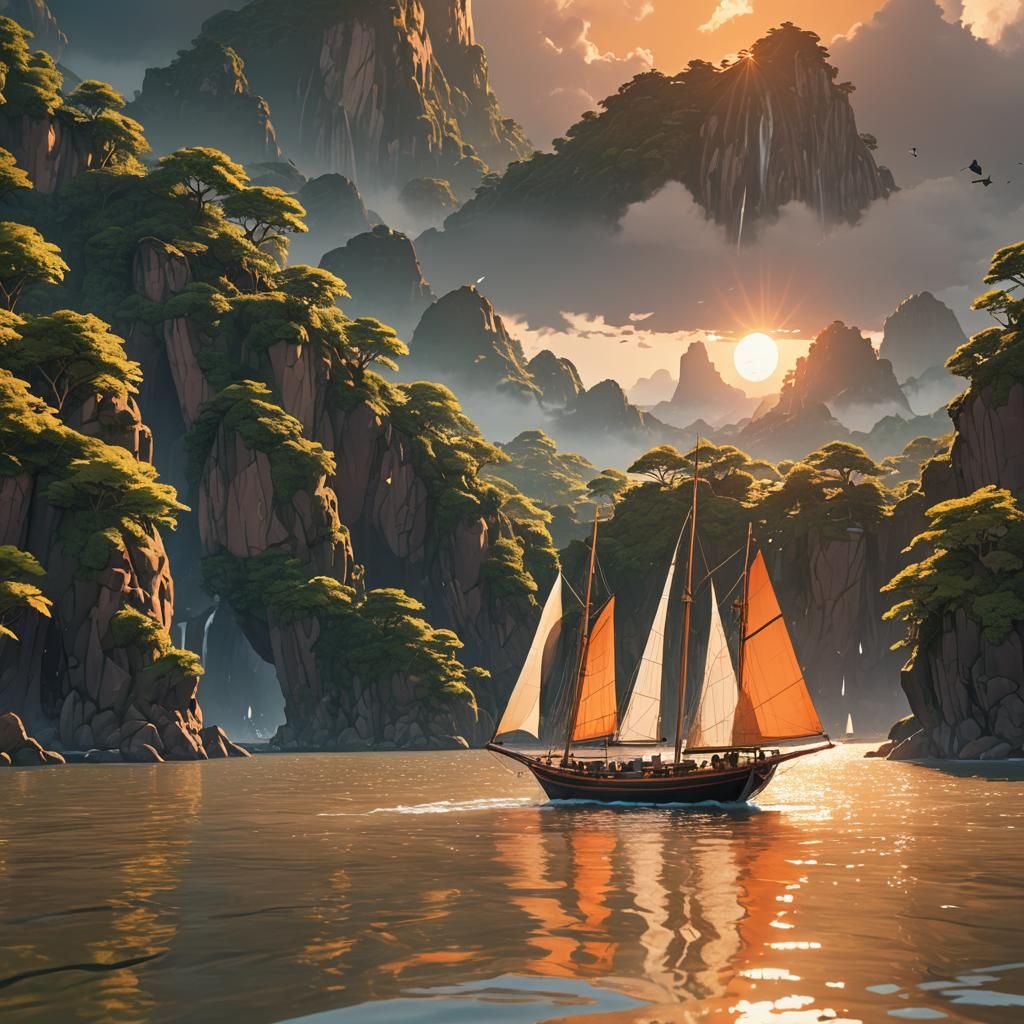 Anime Sailboat Glides Through Islands at Sunset